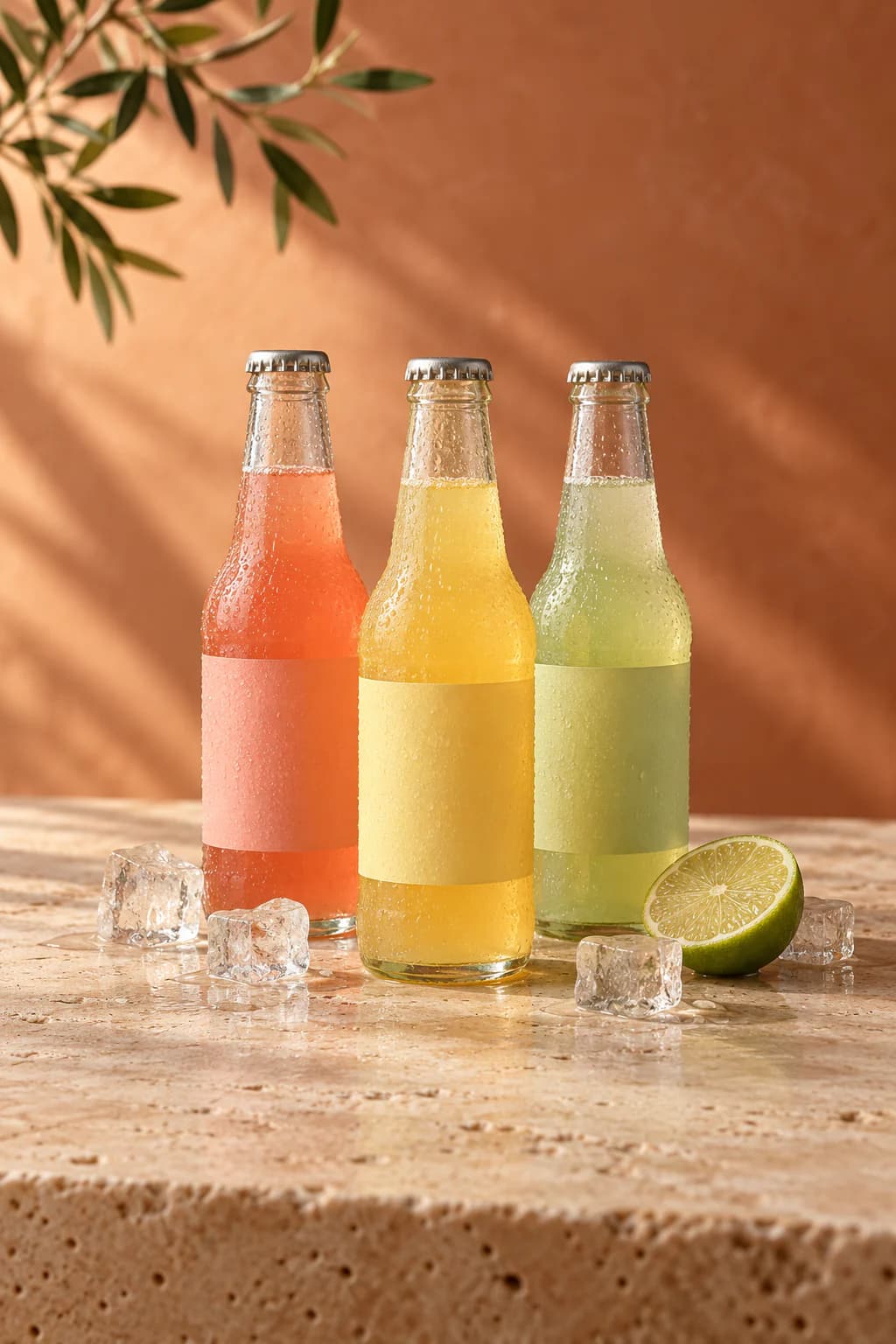 Three chilled soda bottles with blank pastel labels on travertine