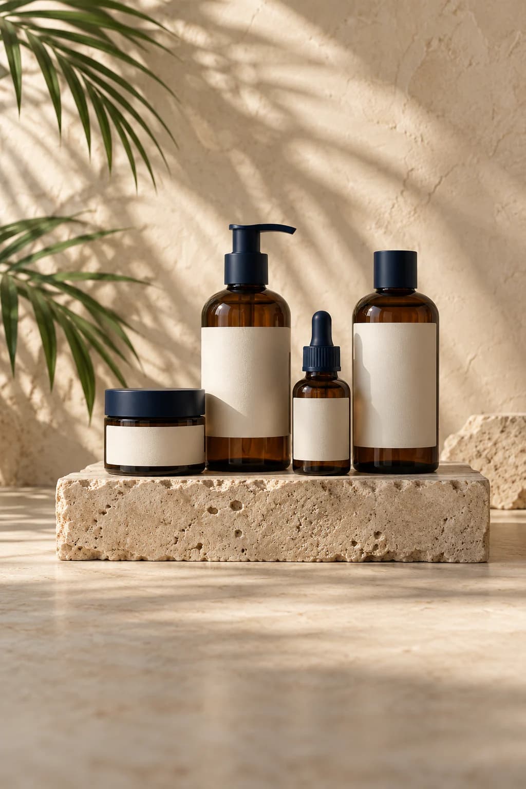 Amber skincare bottles on a travertine plinth in dappled light