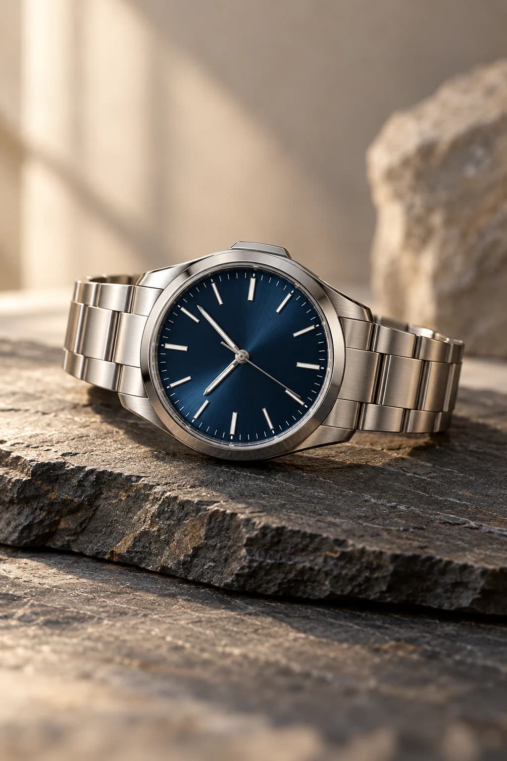 A steel watch with a navy dial resting on slate