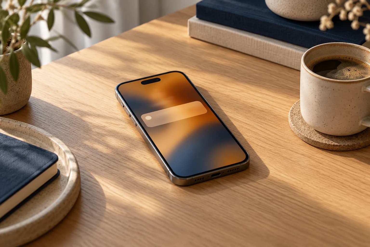 A phone lying on an oak desk beside a coffee cup