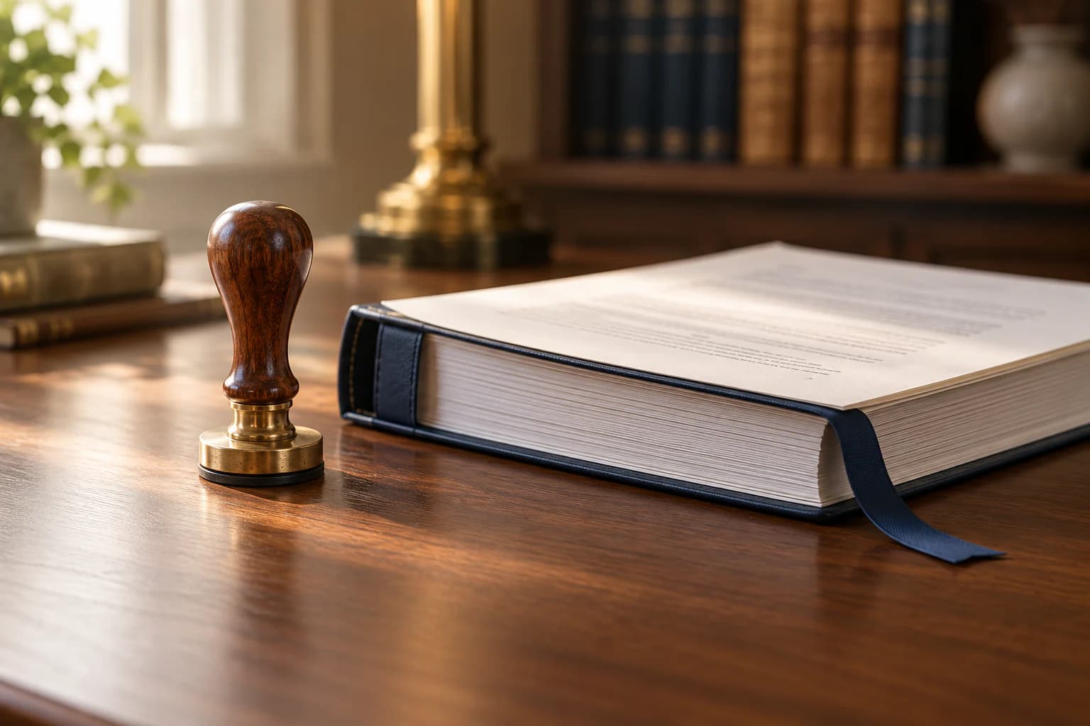 A wooden rubber stamp beside a bound legal document