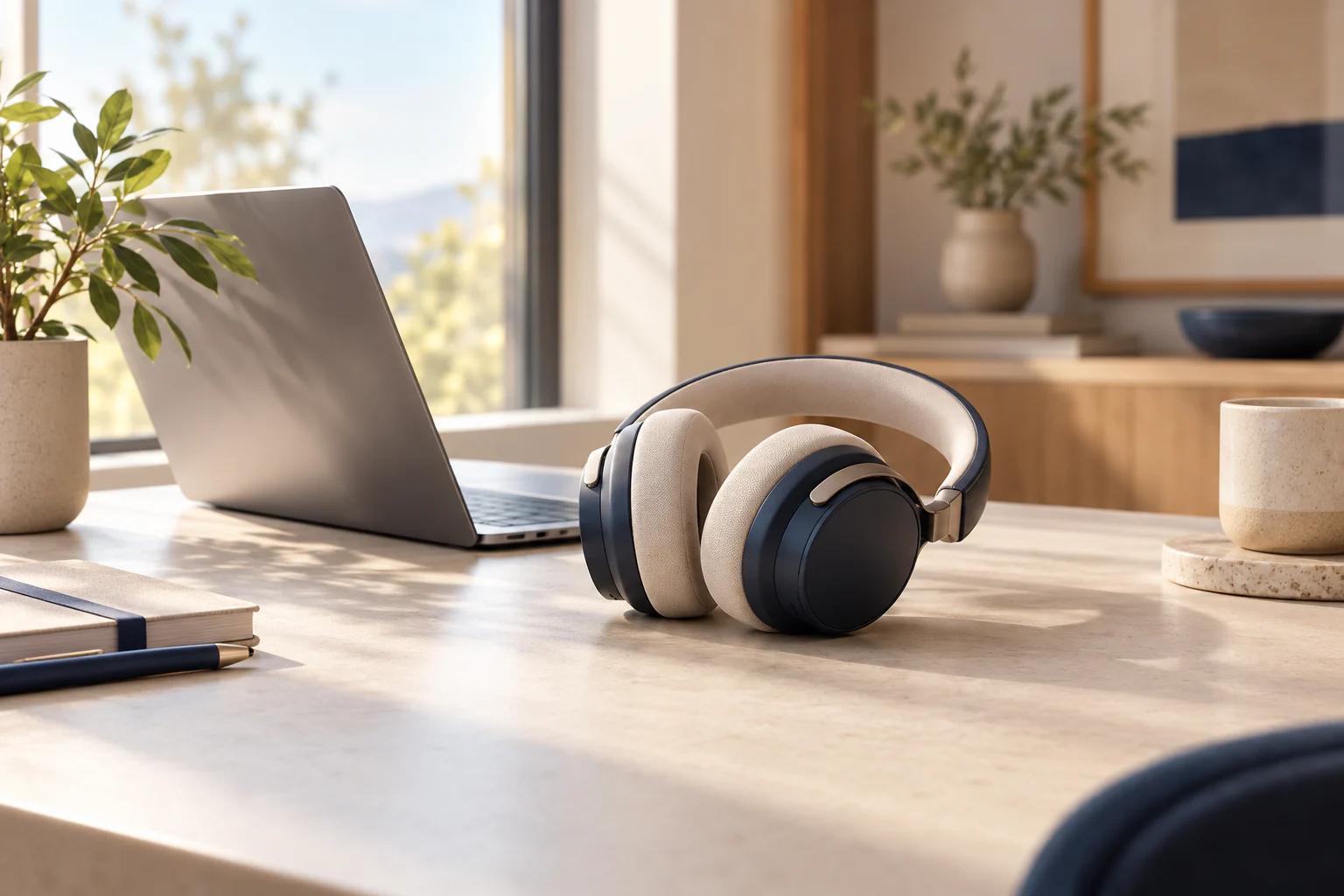 A headset beside an open laptop on a tidy desk